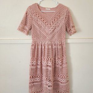 Bohme Pink Blush Dress, Size Small, Layered Midi Length, Lace Design